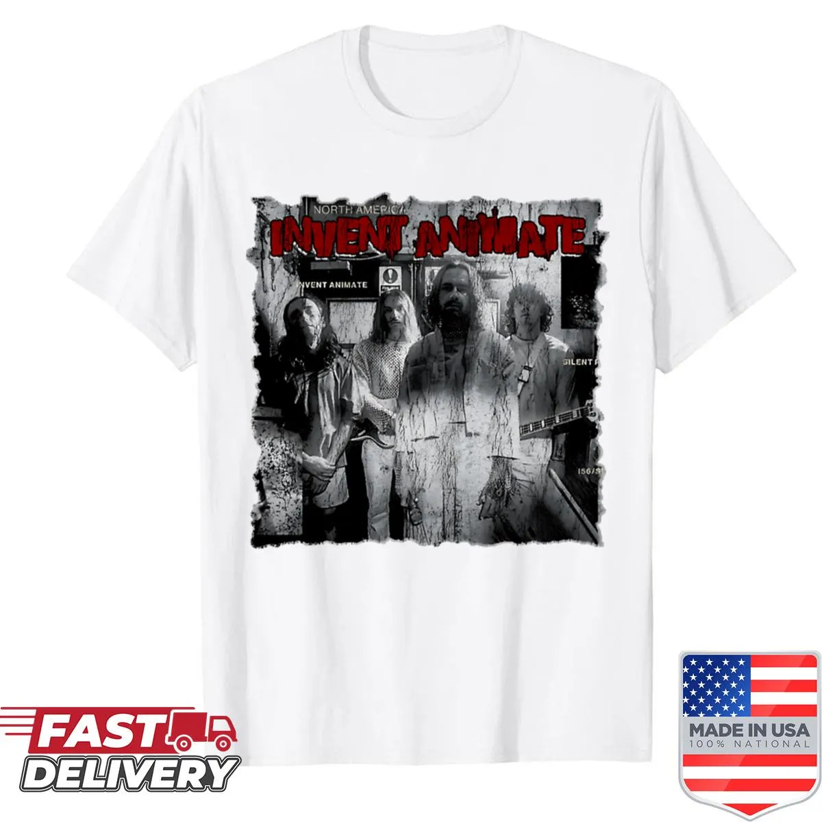 Grunge style shirt featuring Invent Animate graphic design