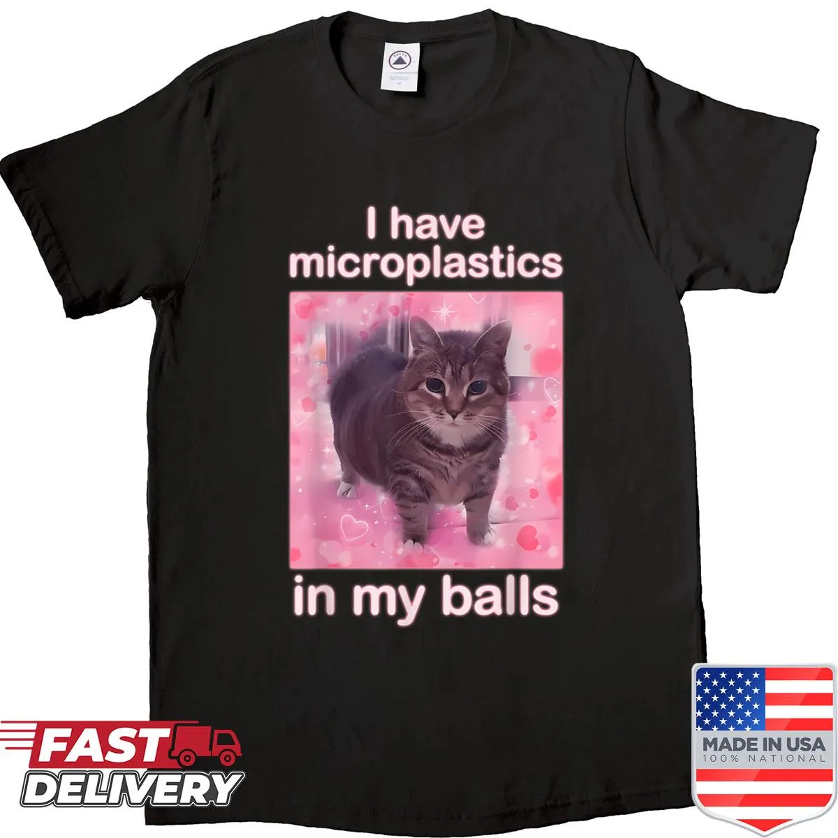 Funny cat meme T-shirt referencing microplastics in a retro style