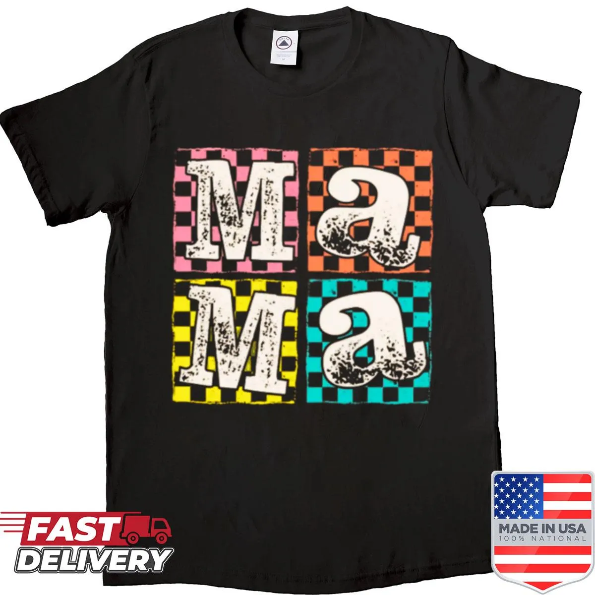Vintage shirt with checkered blocks spelling 'Mama'