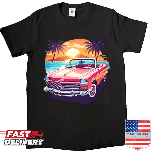 Retro pink convertible car at sunset on a tropical beach shirt