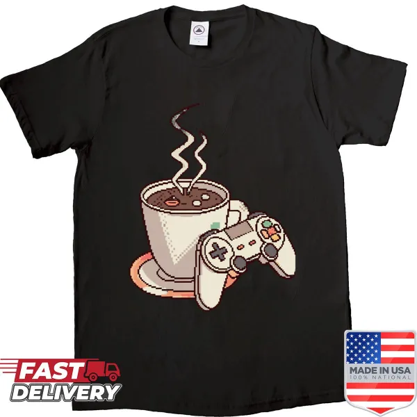 8-bit pixel coffee cup t-shirt designed with retro graphics
