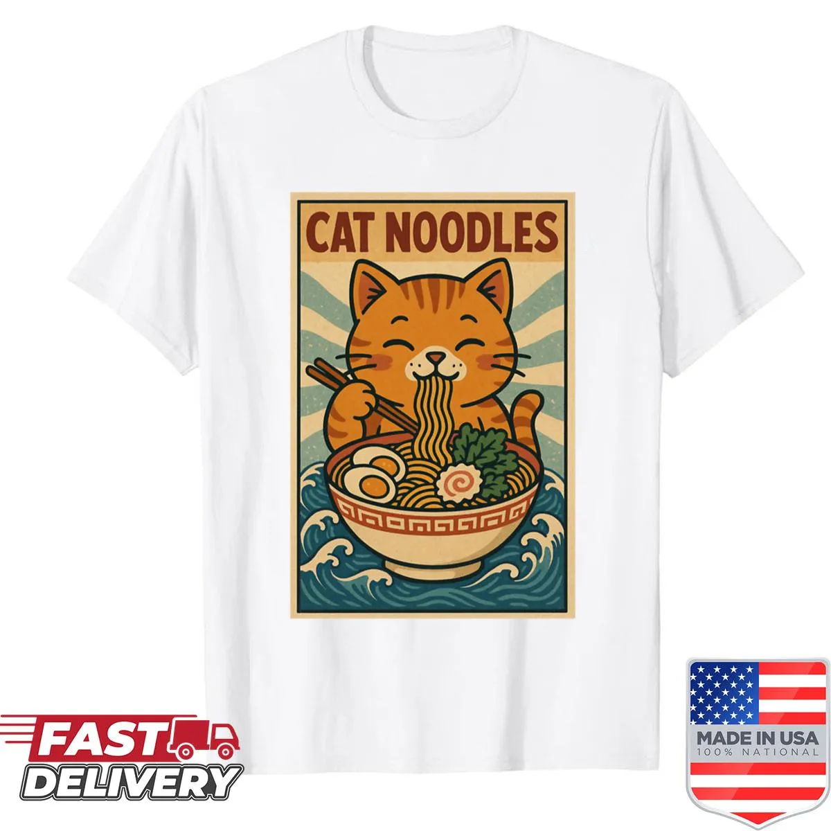 Cartoon cat slurping ramen noodles on a t-shirt