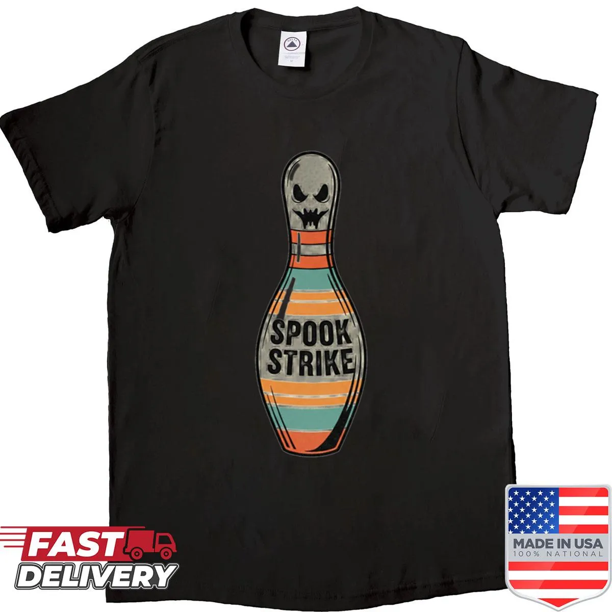 Oversized shirt with spooky bowling pin illustration for a playful look