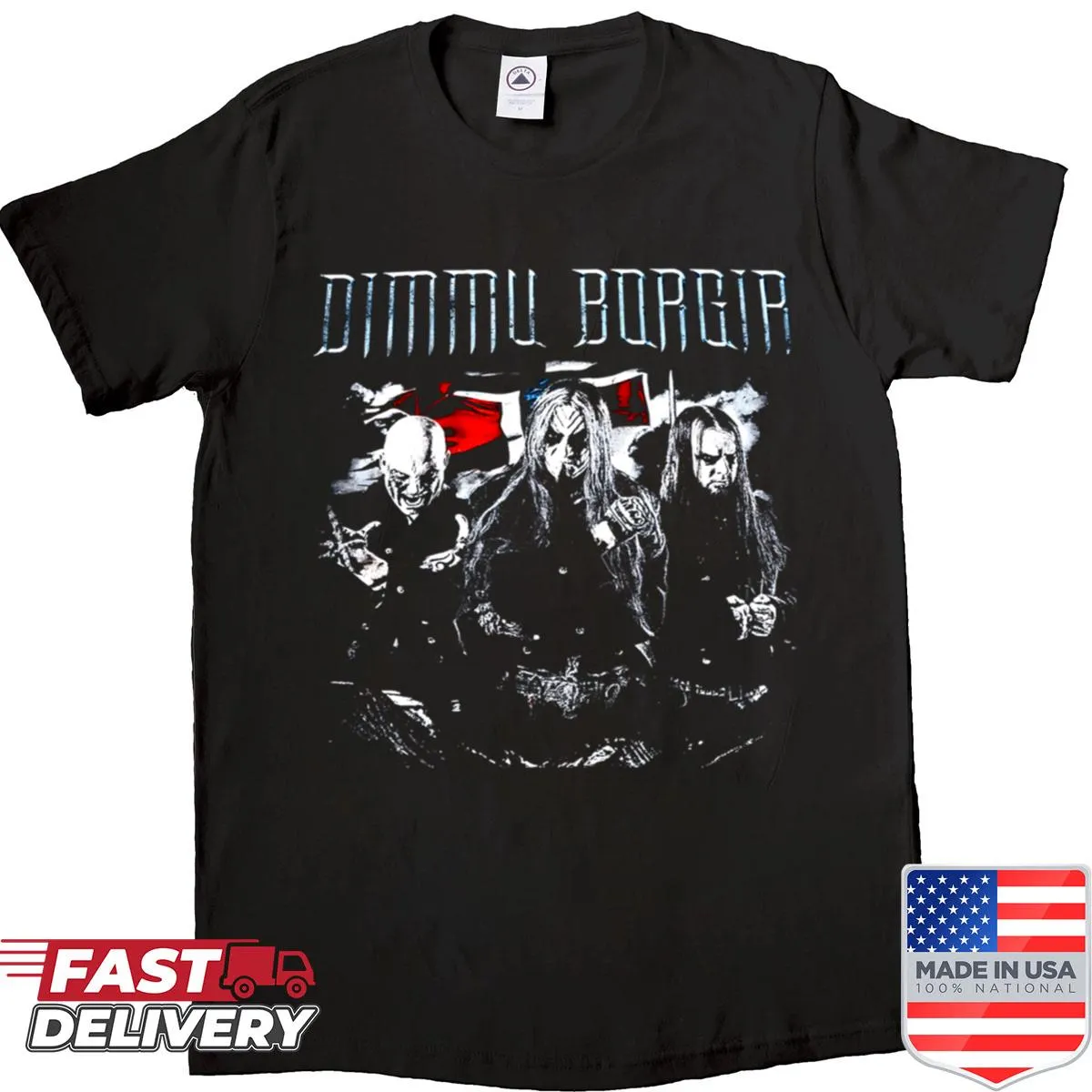 Illustrative black metal band graphic t-shirt in retro style