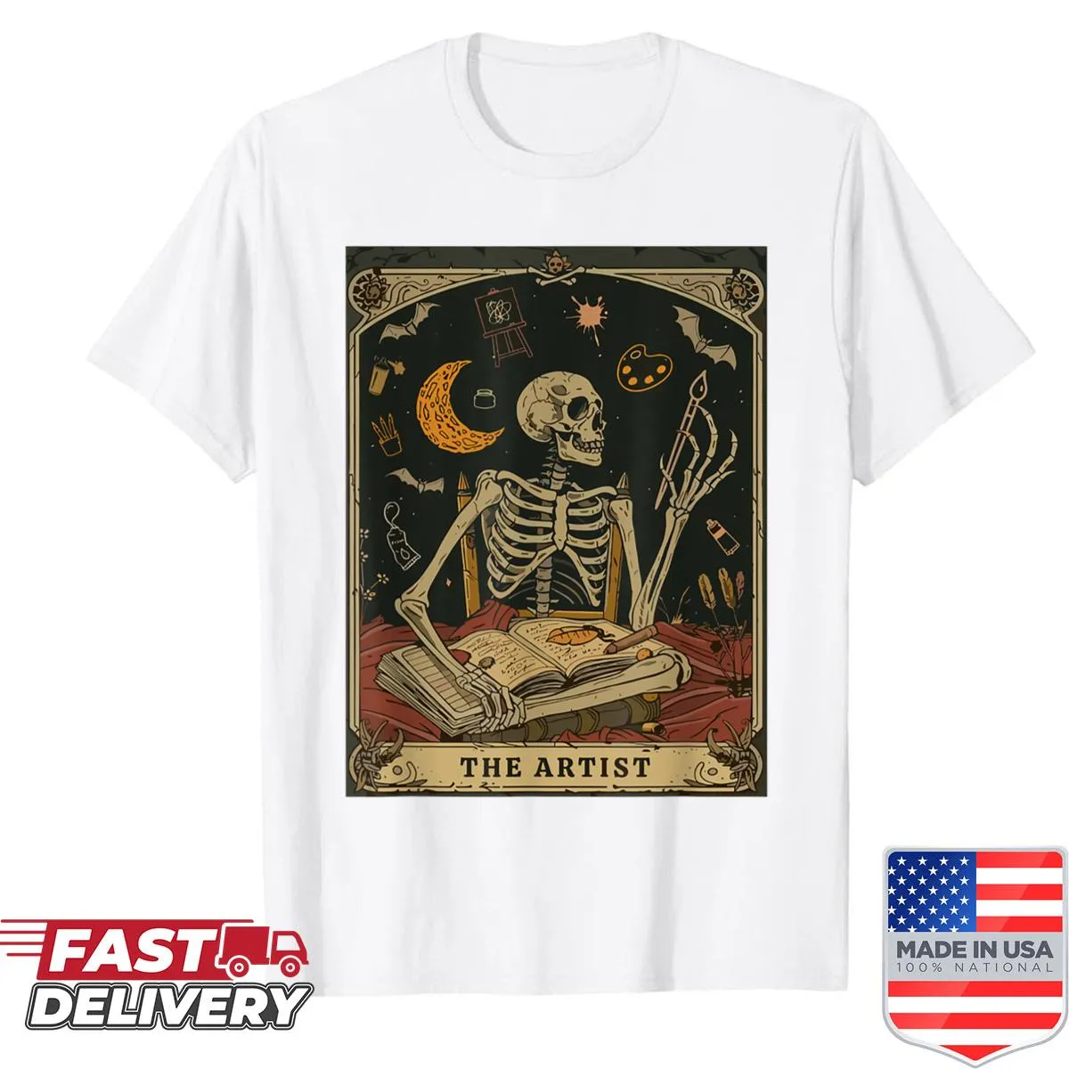Skeleton artist graphic on vintage-style Halloween shirt