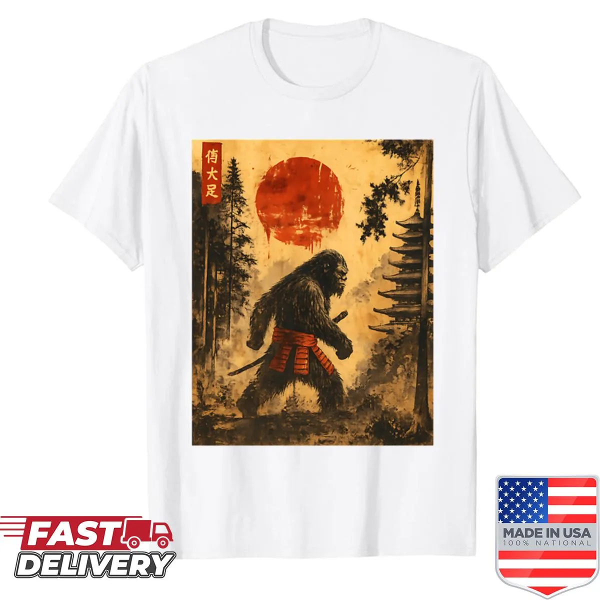 Funny shirt featuring Samurai Bigfoot in Ukiyo-e art style