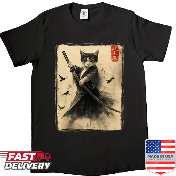 Vintage samurai cat warrior shirt with Japanese art style