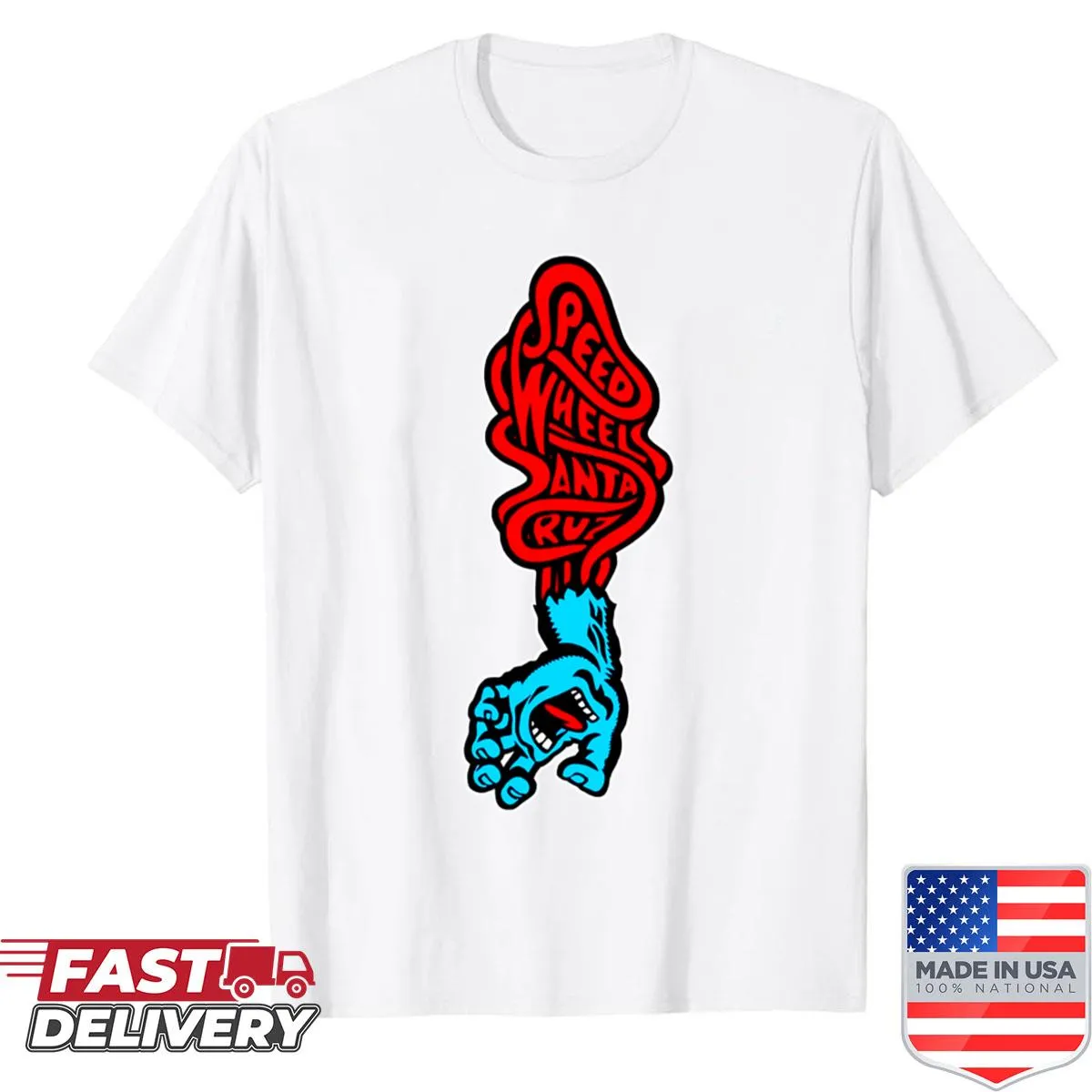 Illustration of skate wheels in motion on Santa Cruz shirt