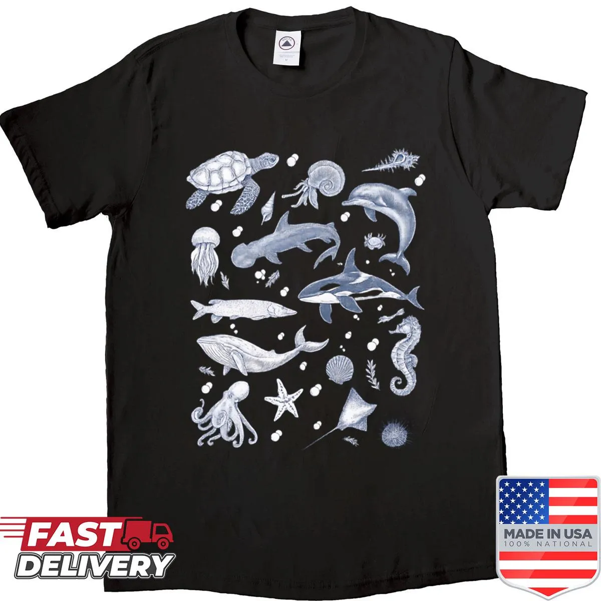 Vintage-style shirt with various sea animals design