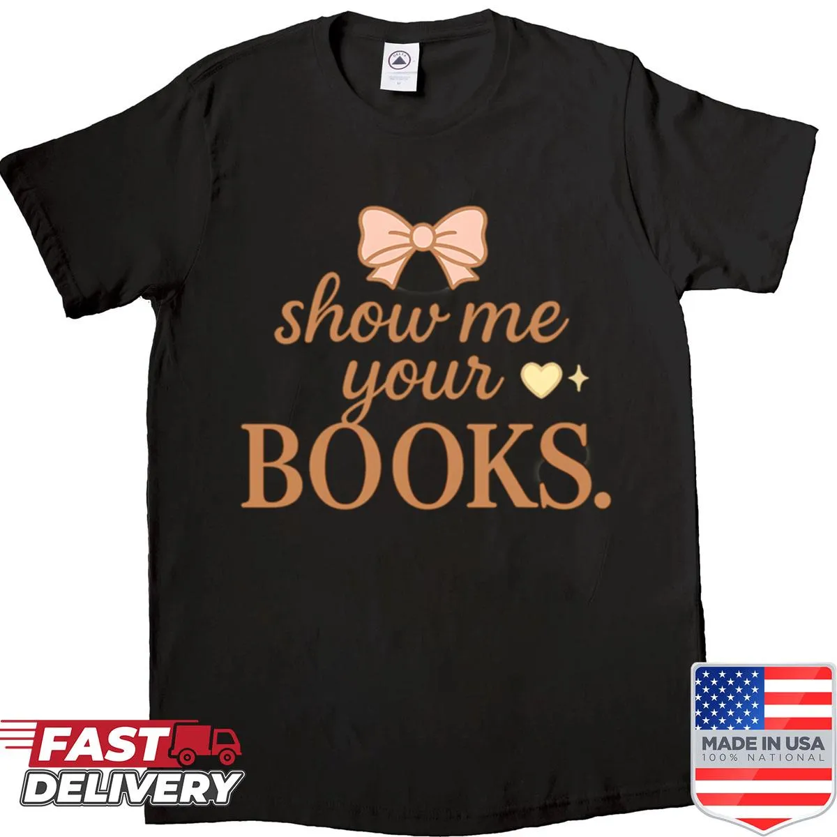 Typography shirt inviting book lovers to share their favorite reads.