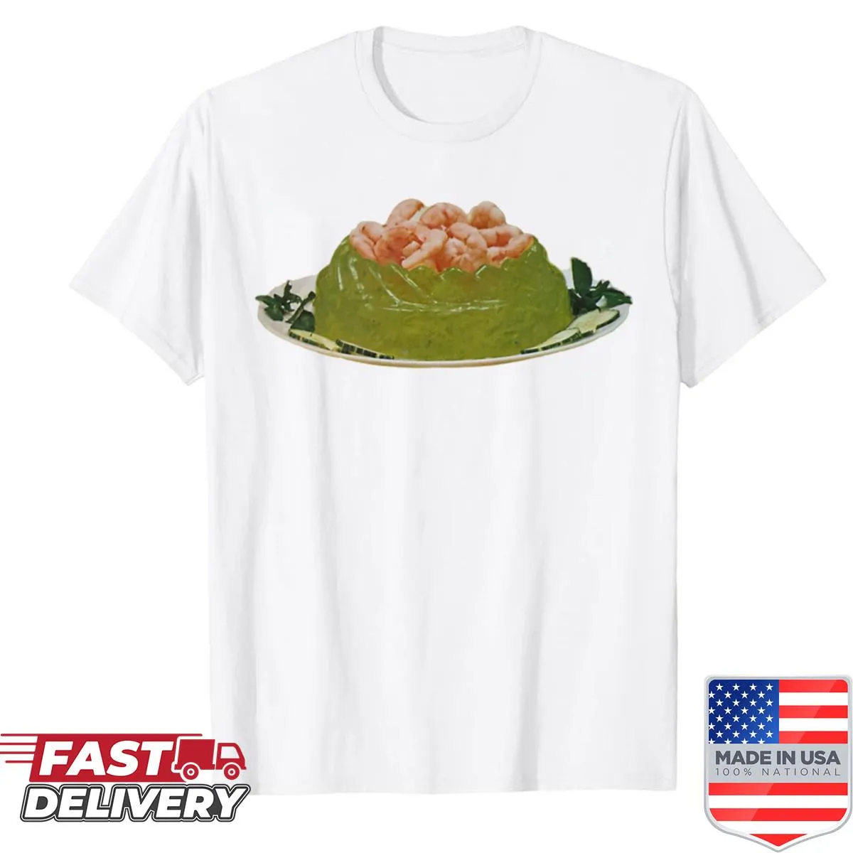Whimsical t-shirt featuring a playful shrimp and jello graphic