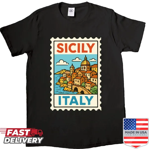 Vintage Sicily travel shirt with retro stamp design