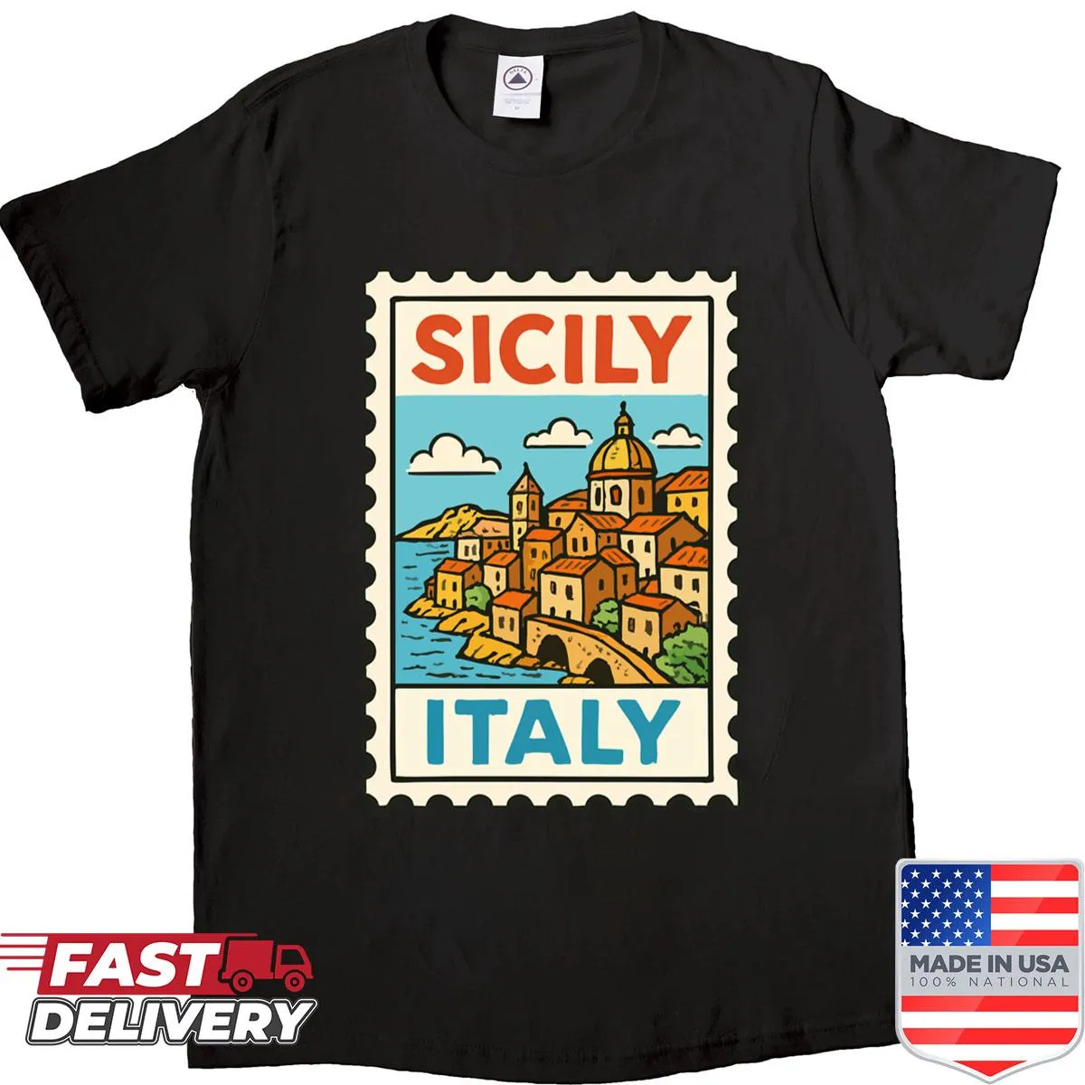 Vintage Sicily travel shirt with retro stamp design