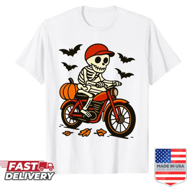 Skeleton on motorcycle with autumn leaves design
