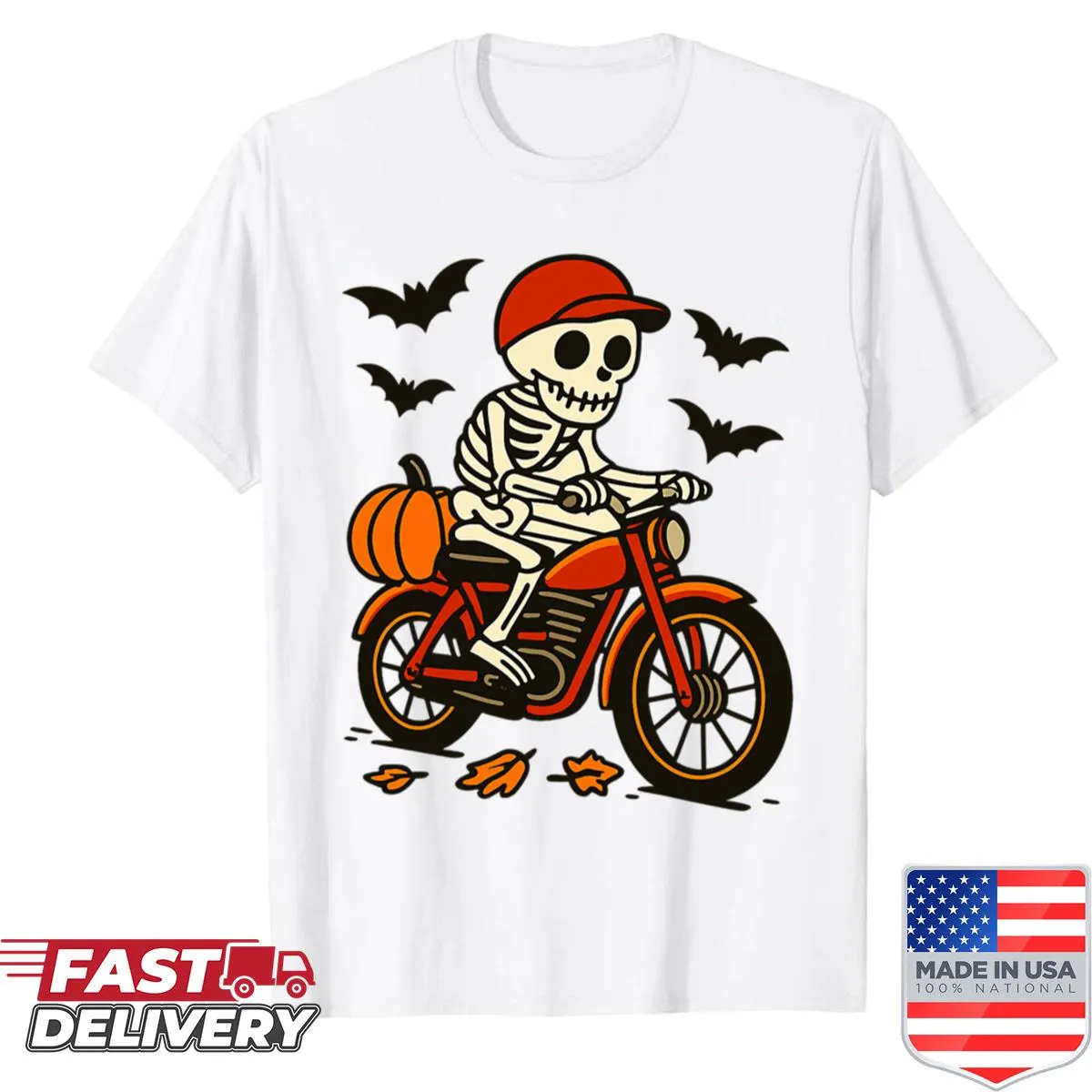 Skeleton on motorcycle with autumn leaves design