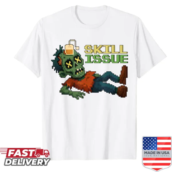 Cartoon pixel zombie design with humorous gaming text for Halloween.