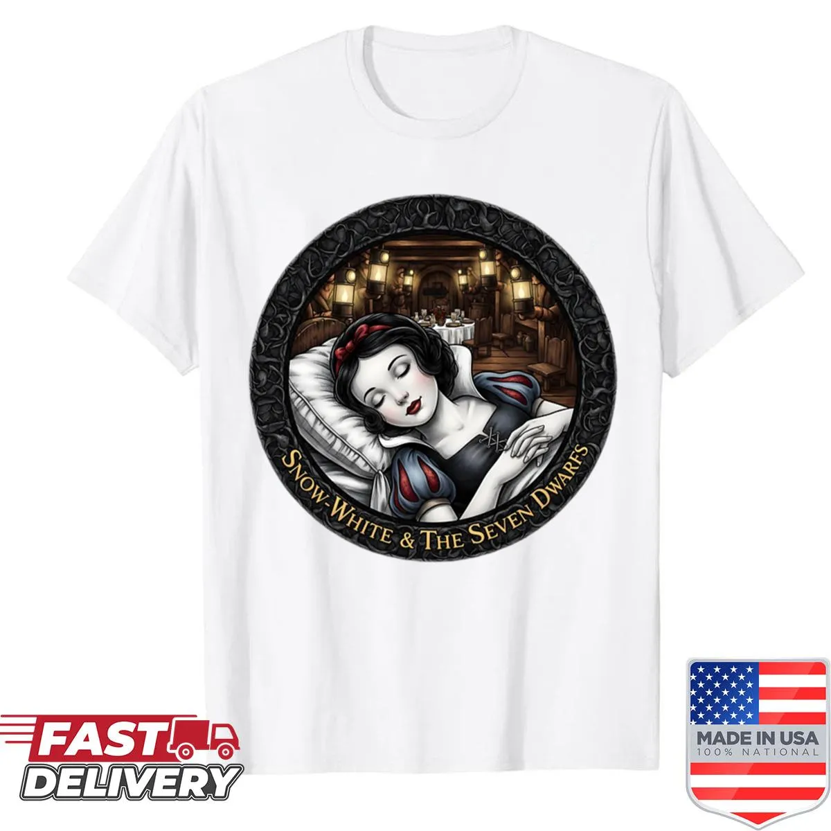 Cartoon shirt featuring Snow White and the Seven Dwarfs