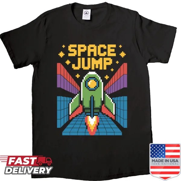 Retro 8-bit pixel art design shirt featuring a space theme