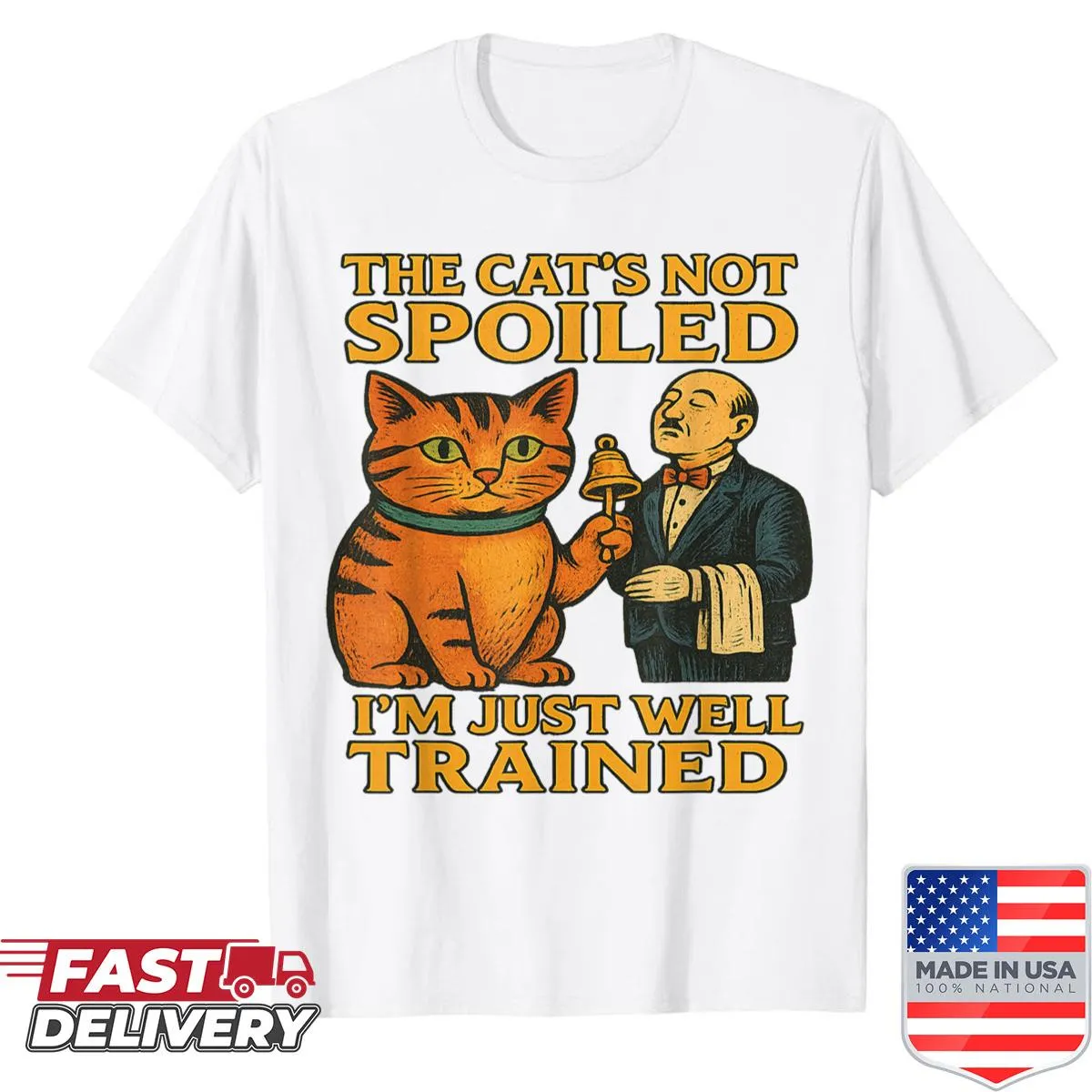 Funny cartoon graphic of a spoiled cat and its butler on a shirt