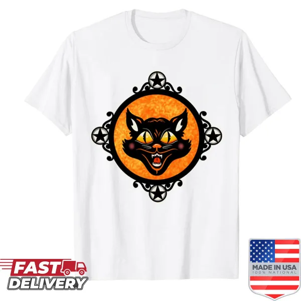 Playful spooky cat design with bats and pumpkins for Halloween