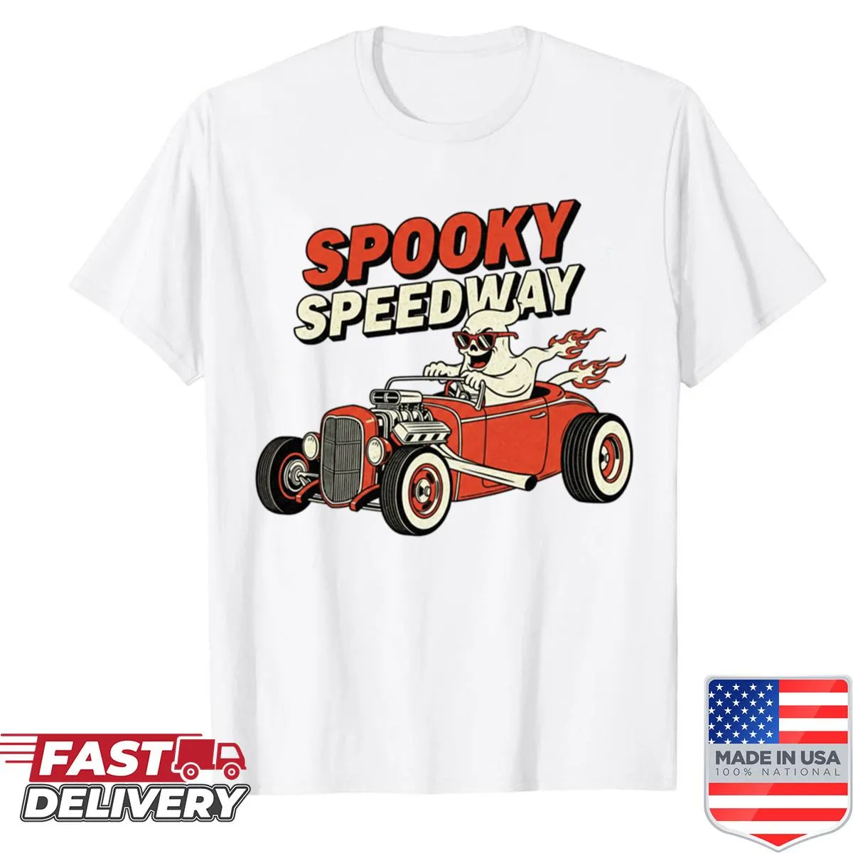 Ghost race car illustration on an oversized Halloween-themed shirt