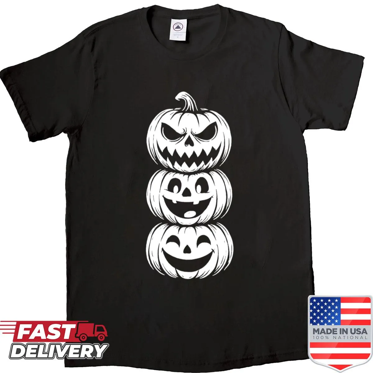 Cute Halloween t-shirt with stacked jack-o-lanterns illustration