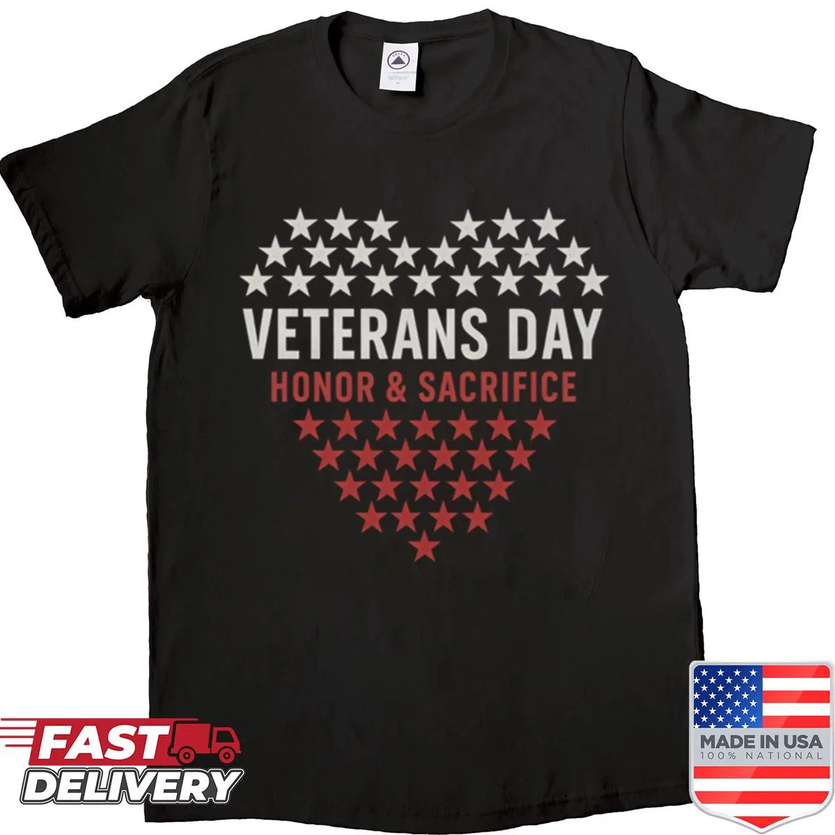 Patriotic shirt with a heart and stars design honoring veterans.