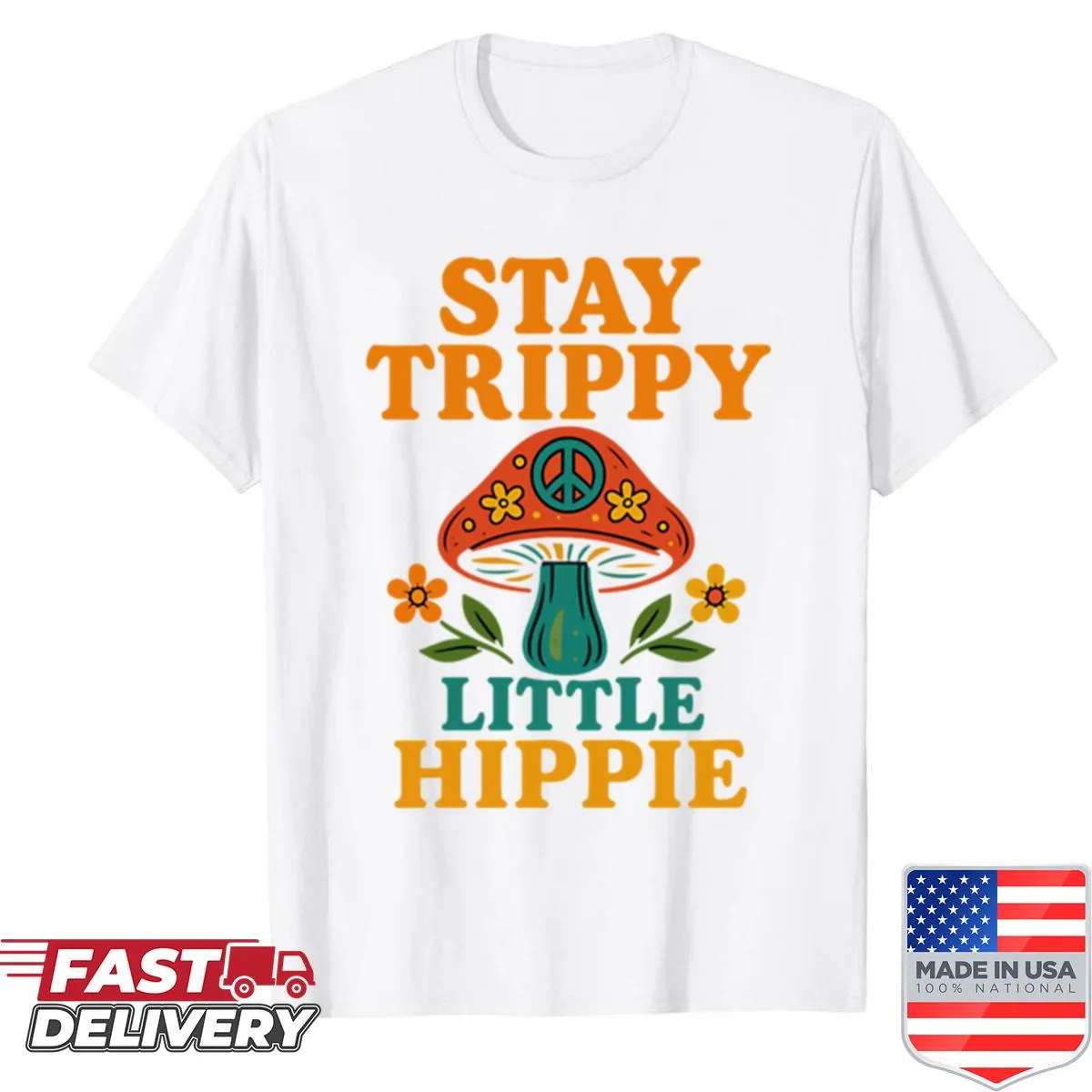 Retro psychedelic mushroom design shirt with playful text