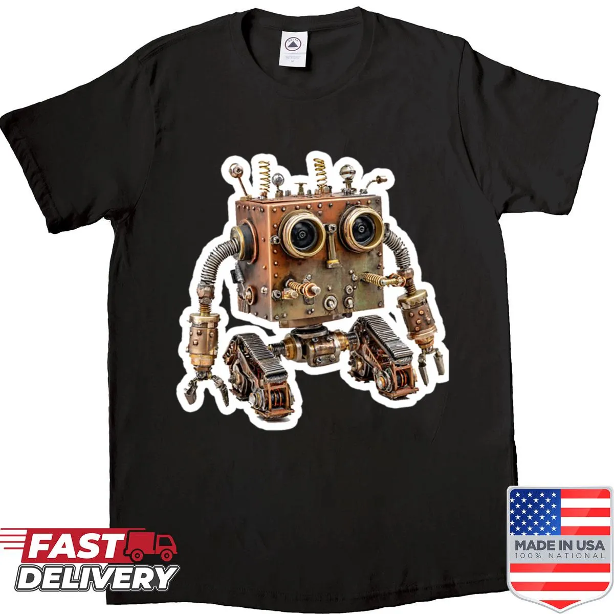 Steampunk design with a mechanical robot and gears on a shirt.