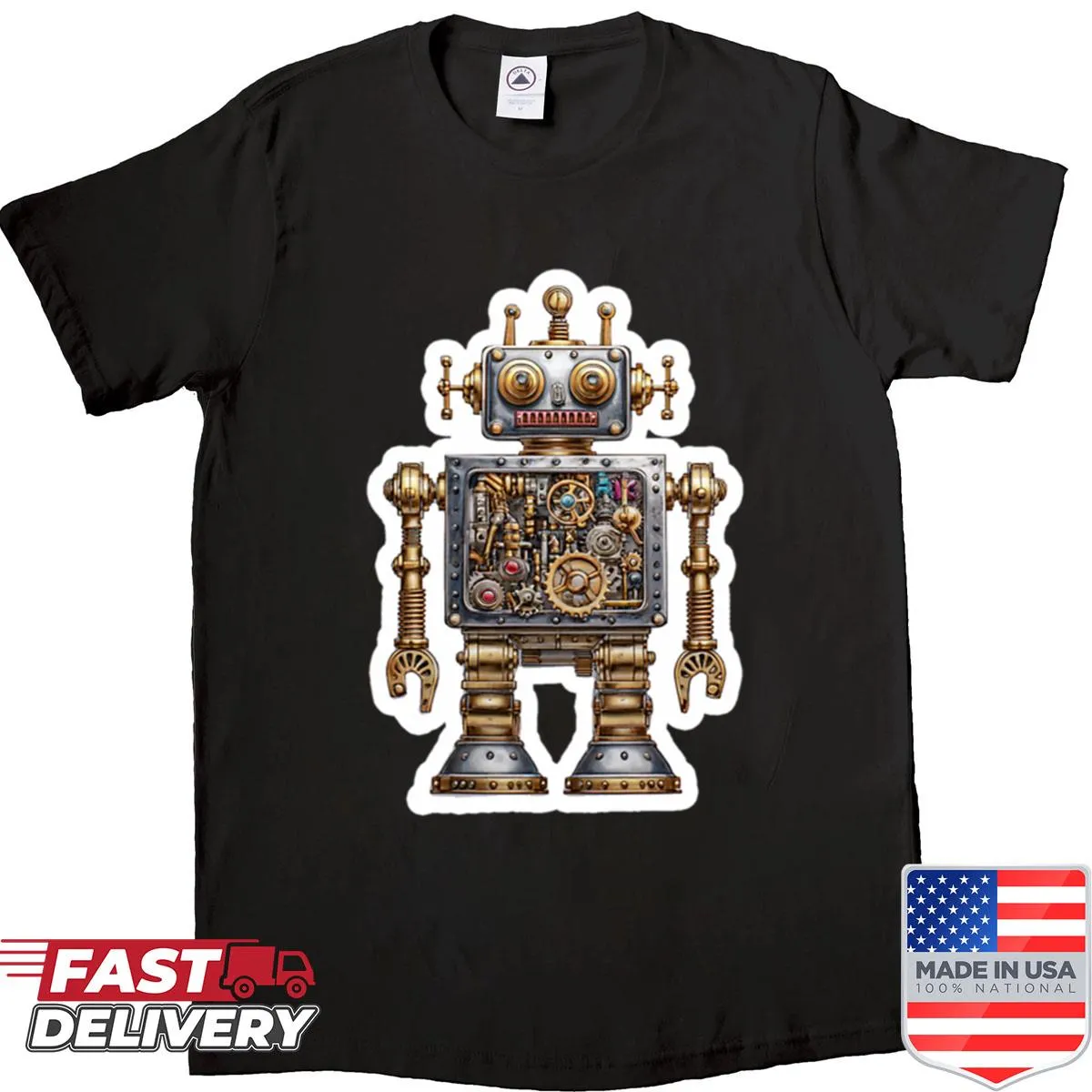 Retro shirt featuring a mechanical bot with exposed gears