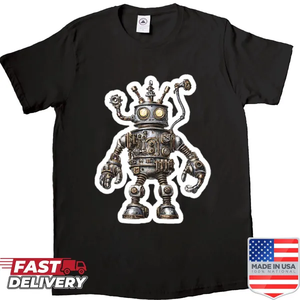 Cartoon steampunk robot shirt with gears and pipes design.