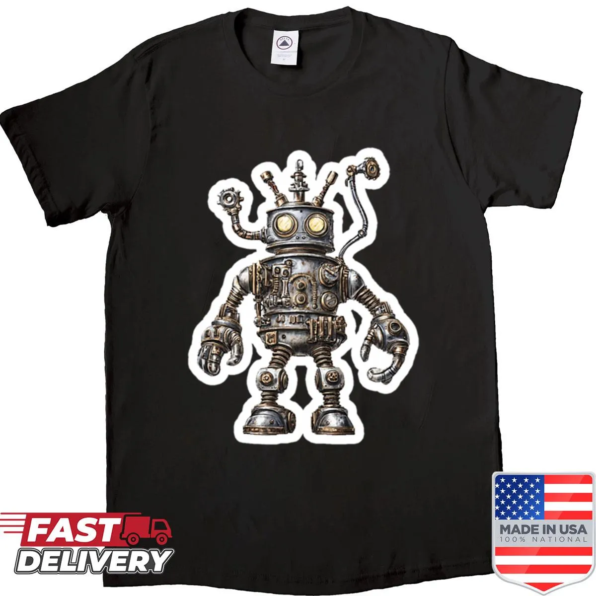 Cartoon steampunk robot shirt with gears and pipes design.