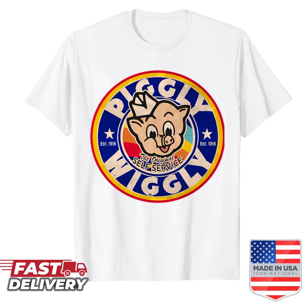 Vintage shirt with a cartoon supermarket logo for nostalgic charm