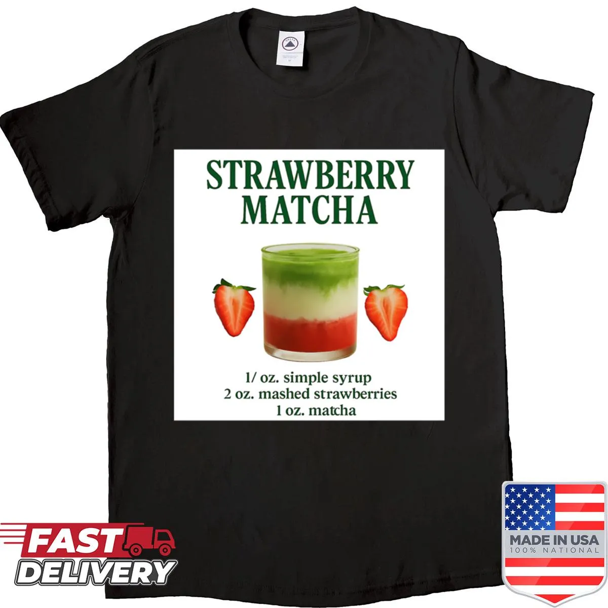 Vintage style shirt featuring a strawberry matcha latte design