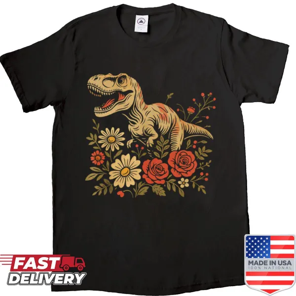Vintage-style T-rex shirt featuring a floral design.