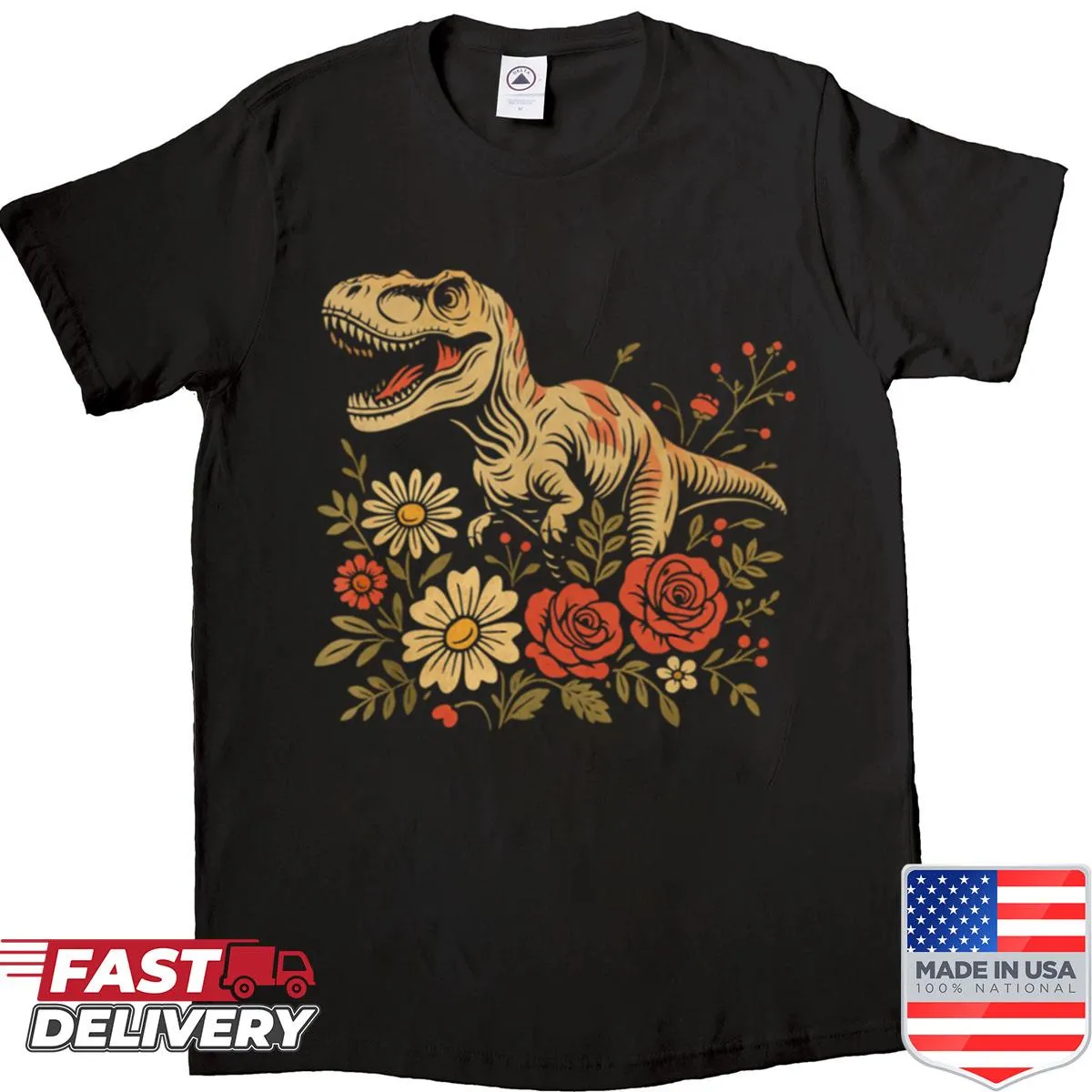 Vintage-style T-rex shirt featuring a floral design.