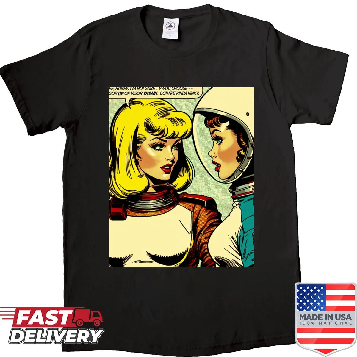 Graphic shirt depicting Captain Sappho with visor up and down