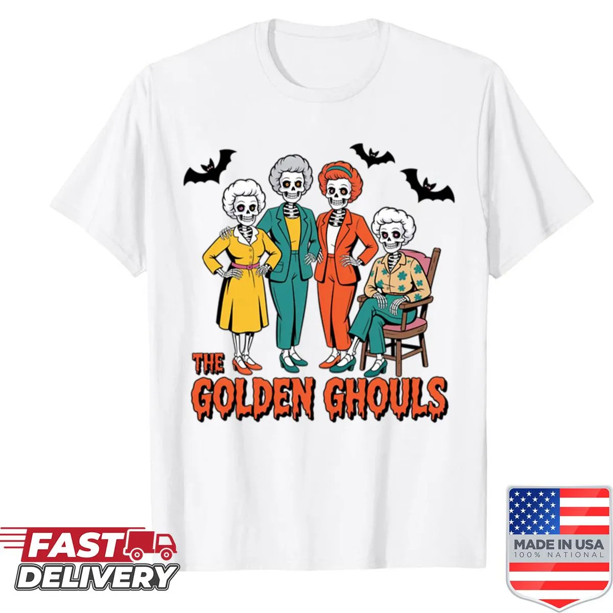 Whimsical ghouls design on a Halloween graphic shirt