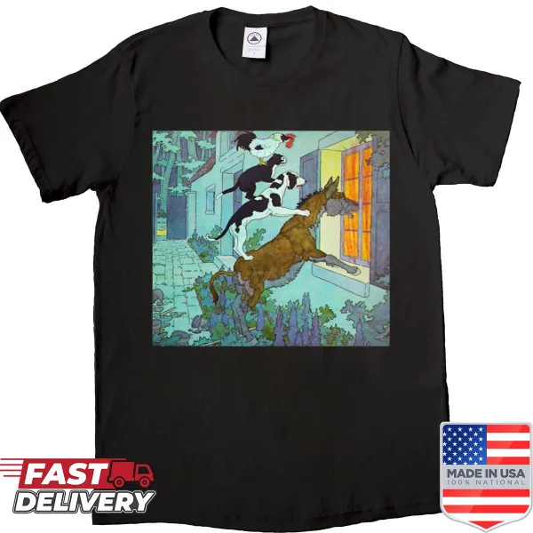 Illustrated shirt featuring characters from The Town Musicians Of Bremen