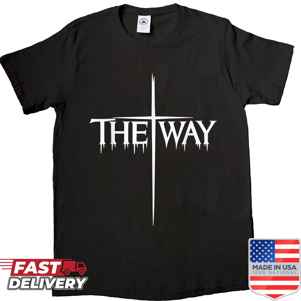 Graphic design featuring a cross with inspirational scripture on a t-shirt