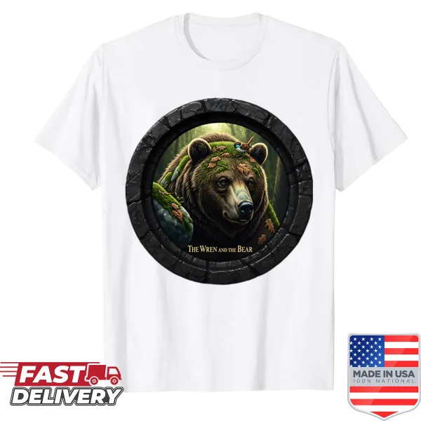 Illustrative shirt featuring a wren and a bear inspired by a folk tale
