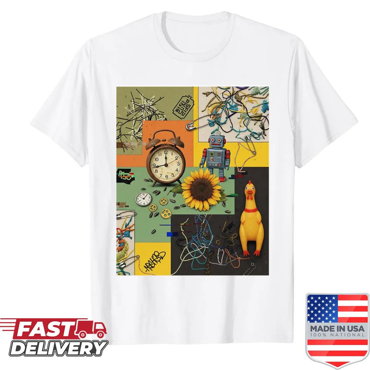 Graphic shirt featuring a playful illustration of a chicken with the phrase 'Time Flies Chickens Do Not'