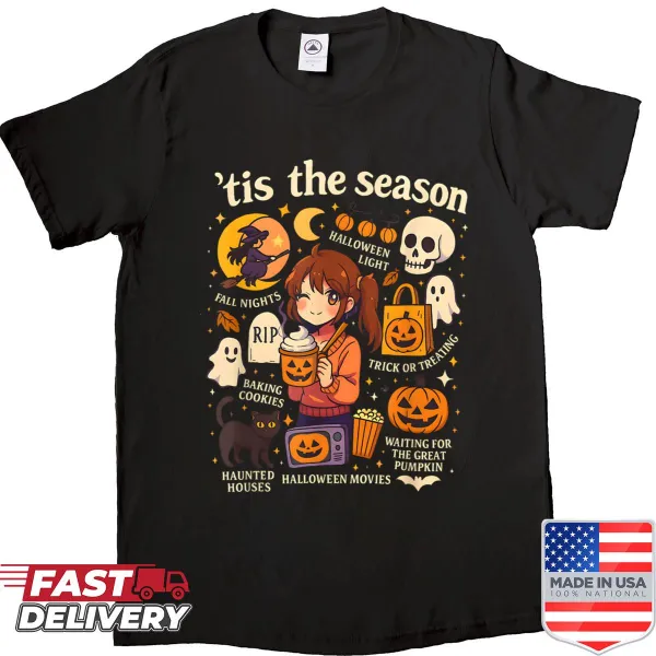 Cute Halloween anime icons featured on a seasonal shirt.