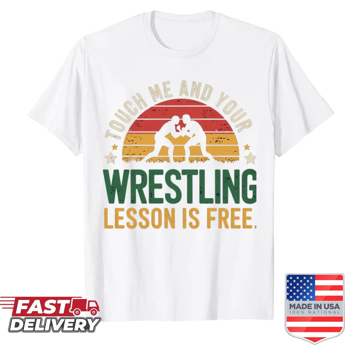 Retro wrestling tee shirt with 'Touch Me' and free lesson text