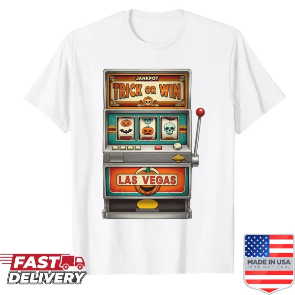 Halloween-themed graphic with slot machine and text on oversized t-shirt