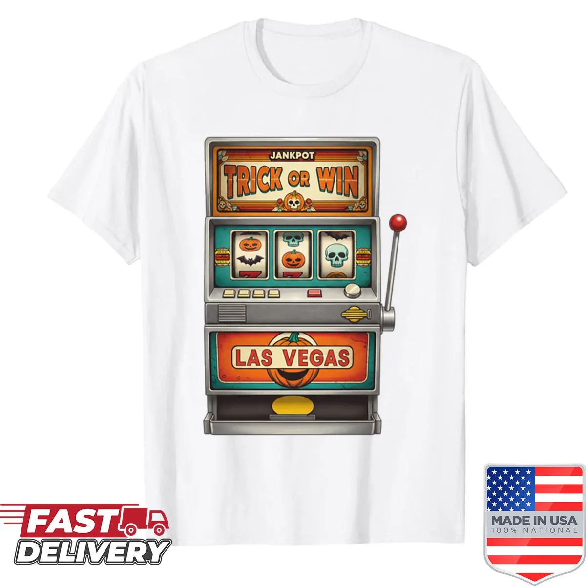 Halloween-themed graphic with slot machine and text on oversized t-shirt