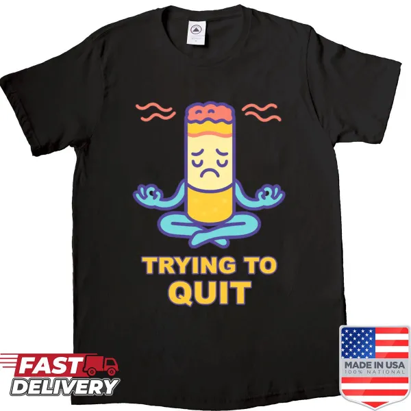 Cartoon cigarette graphic on a playful quitting shirt.