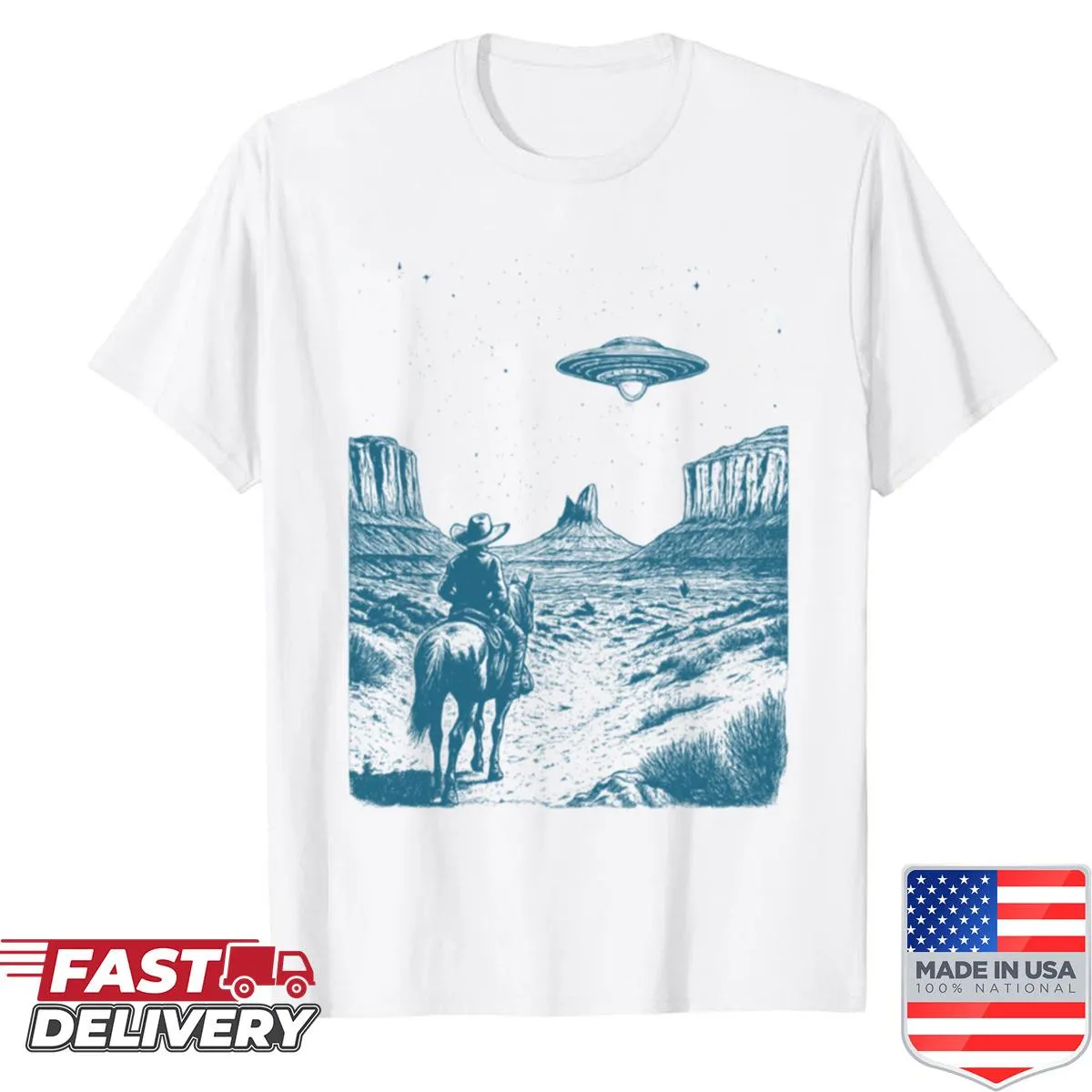 Retro western shirt featuring a cowboy and UFO graphic