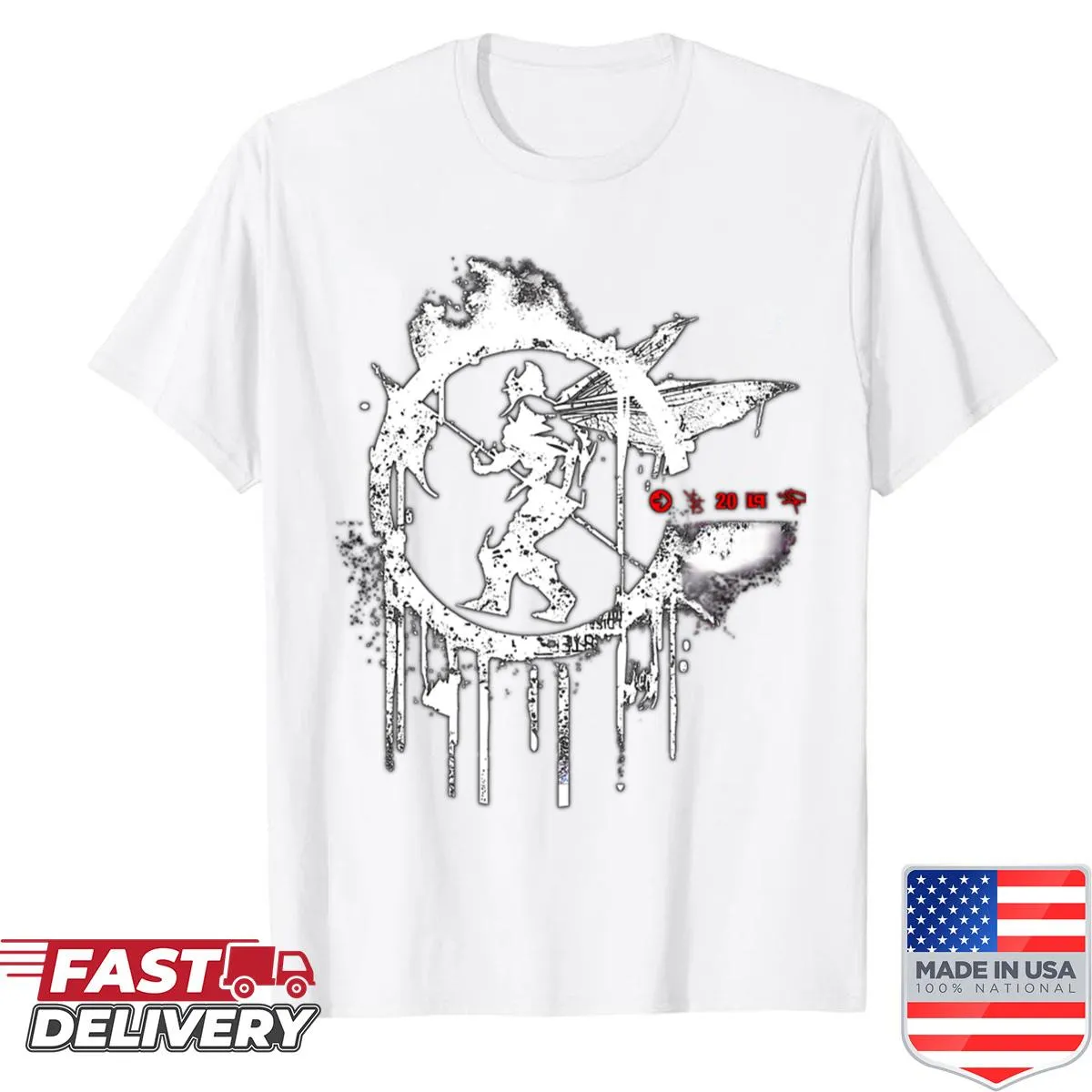 Distressed vintage band tour logo T-shirt for music enthusiasts.