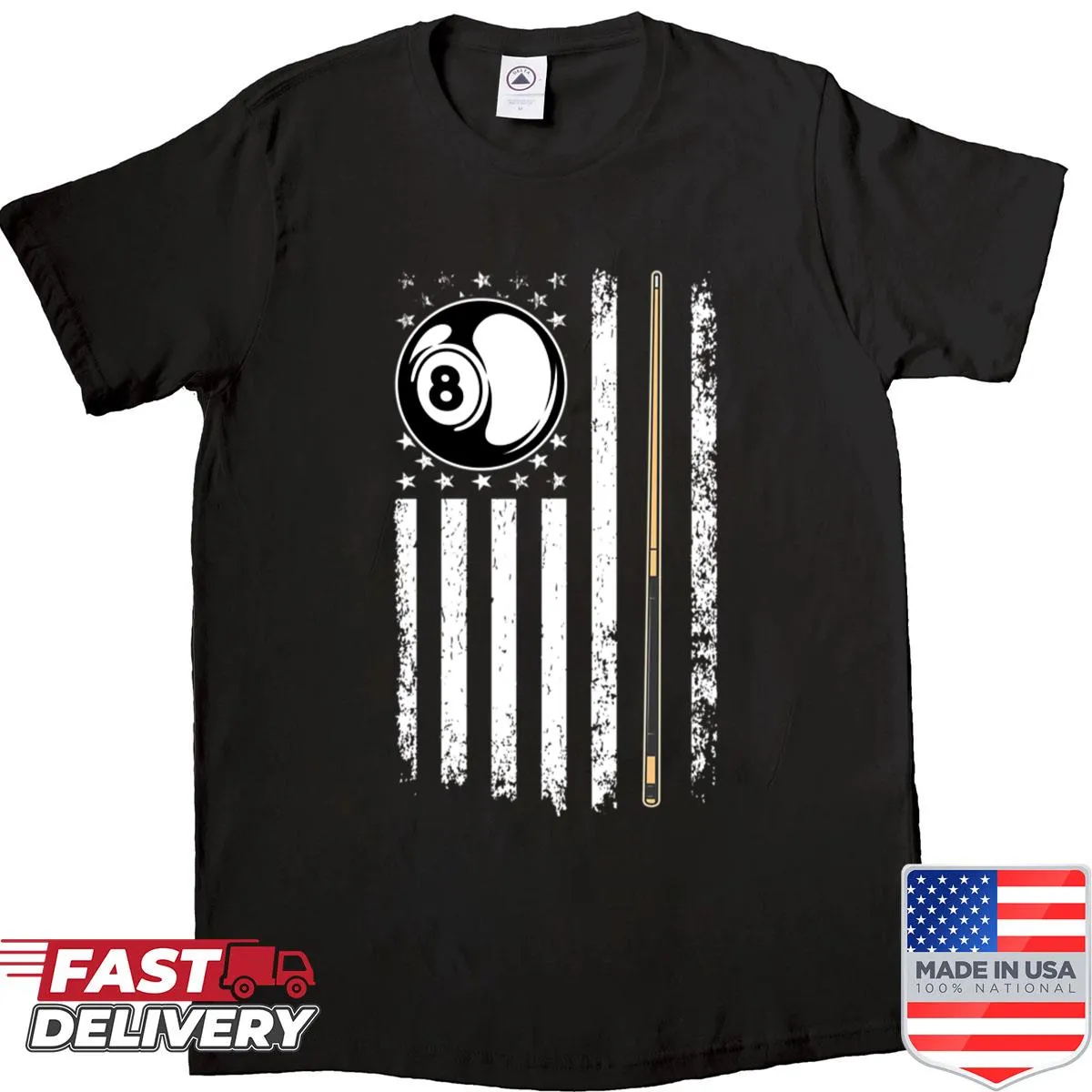 Billiard-themed shirt with American flag design.